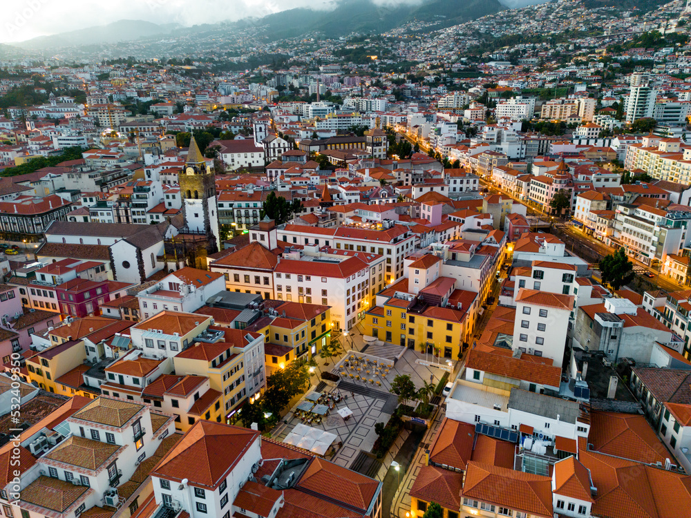 Funchal Aerial View Evening Time. Funchal is the Capital and Largest City of Madeira Island in Portugal. Europe. 