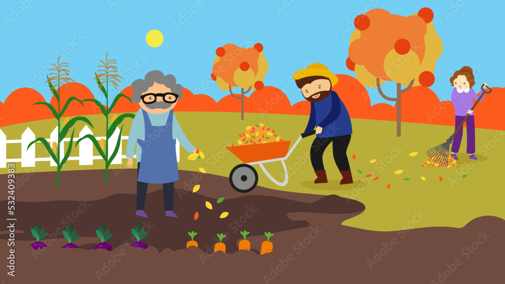 Fototapeta premium Family harvesting in autumn in the garden
