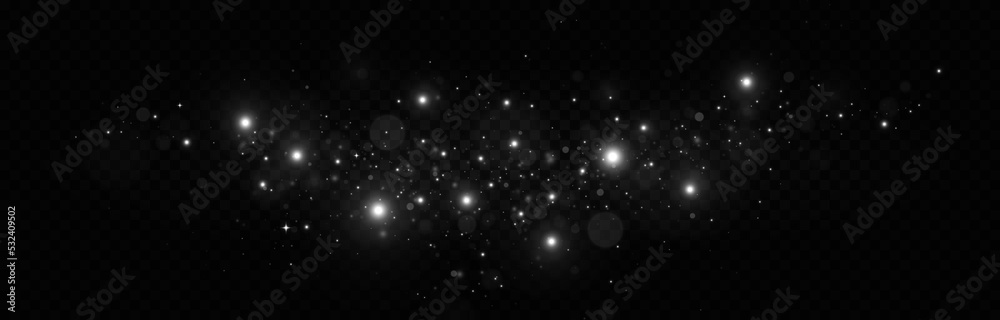 Fototapeta premium Christmas silver dust. Beautiful sparks shine with special light. Magical white dust particles. Christmas Abstract stylish light effect on a black transparent background.