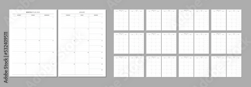Dated 2023 monthly planner inserts. Minimalist lined planner page. Month on 2 pages. Personal organizer printable sheet layout for your A5 planner, calendar, diary. Vector.