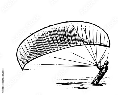 Paraglider parachutist preparing to take off. Parachute paraglider. Air extreme sport. Controlled high altitude flight. Hand drawn outline sketch. Isolated on white background. Vector.