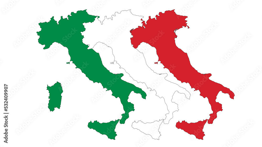 Italy: graphic illustration with silhouettes of Italy in the colors of the flag, with no writing on a neutral white background.