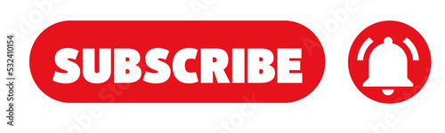 Subscribe Button with Bell Icon. Subscribe, bell button and hand cursor. Red button subscribe to channel, blog. Social media background. Marketing. Vector illustration.