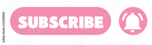 Subscribe Button with Bell Icon. Subscribe, bell button and hand cursor. Red button subscribe to channel, blog. Social media background. Marketing. Vector illustration.