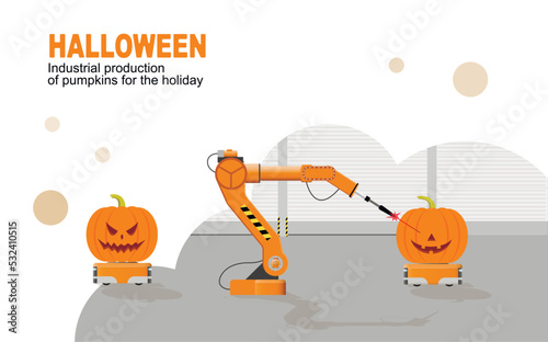 Industrial production of pumpkins for the holiday. Halloween preparation concept.