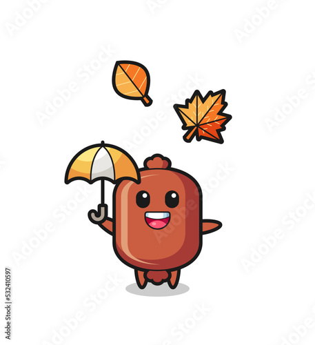 cartoon of the cute sausage holding an umbrella in autumn