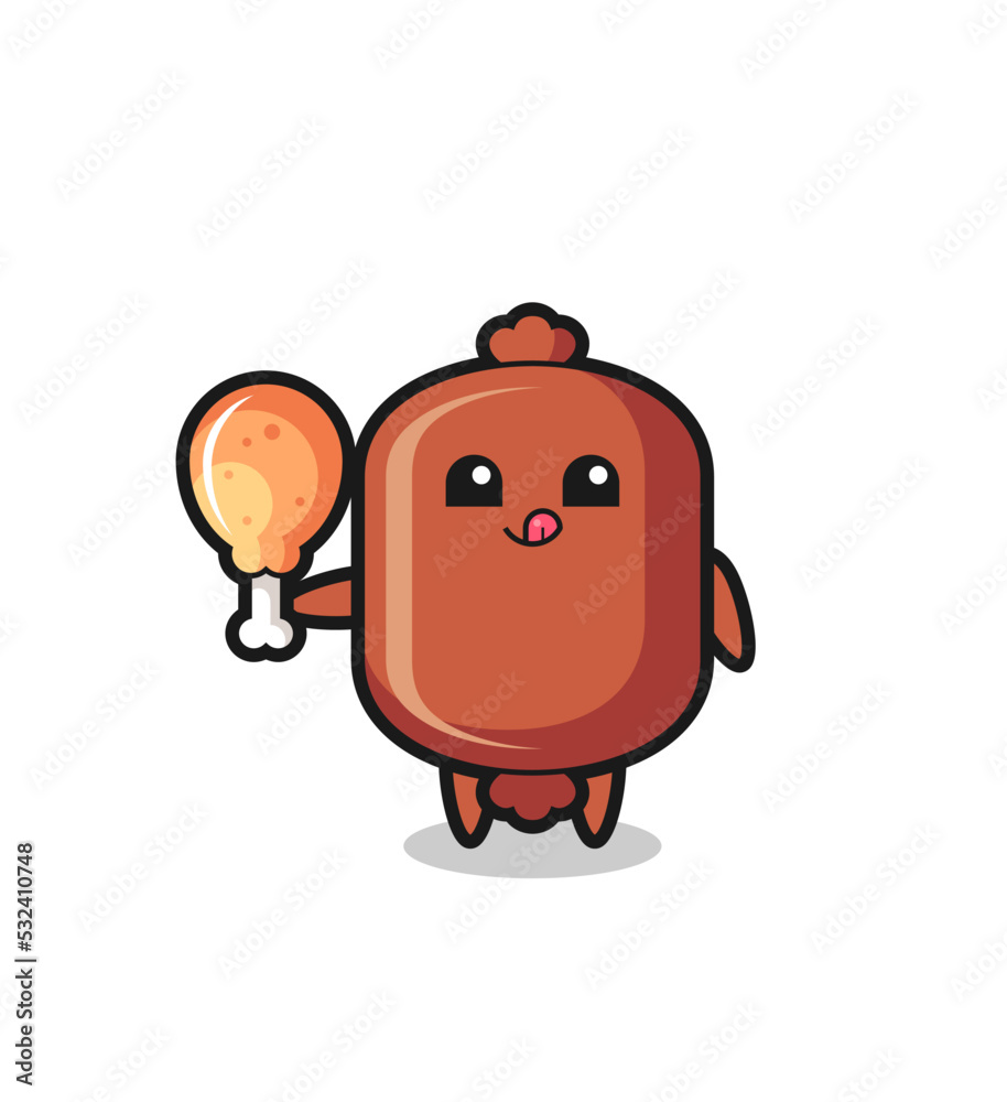 Fototapeta premium sausage cute mascot is eating a fried chicken