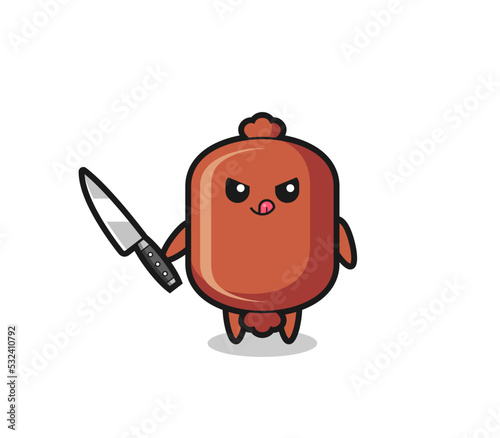 cute sausage mascot as a psychopath holding a knife