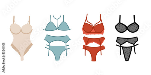 Beige body. A set of lingerie sets, a bra, panties with a belt for stockings or suspenders.  Vector illustration isolated on white background