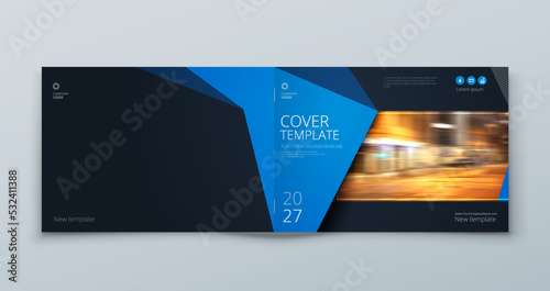 Horizontal Brochure template layout design. Corporate business annual report, catalog, magazine mockup. Layout with modern blue elements and photo. Creative poster, booklet, flyer or banner concept