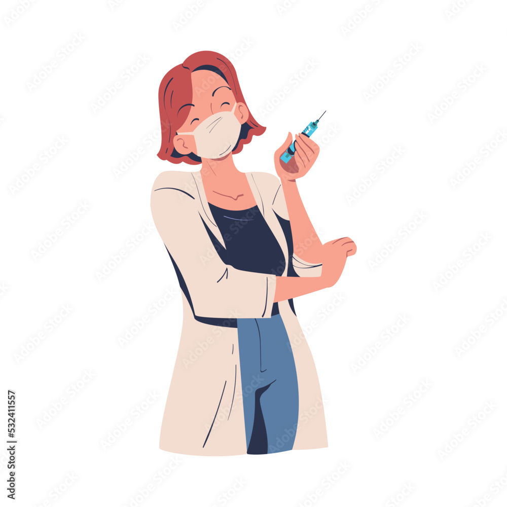 Woman Doctor in Face Mask Holding Syringe for Vaccination Vector Illustration Woman Doctor in Face Mask Holding Syringe for Vaccination Vector Illustration