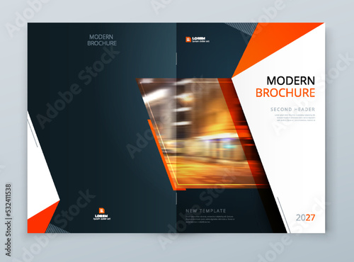 Brochure template layout design. Corporate business annual report, catalog, magazine mockup. Layout with modern orange elements and urban style photo. Creative poster, booklet, flyer or banner concept