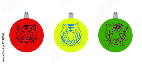 Christmas colorful balloons with tiger image hanging decorations. Vector illustration on a white background