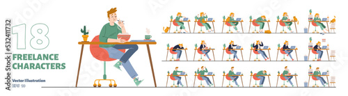Flat set of 18 freelance characters isolated on white background. Vector illustration of young man, woman working on laptop from home, sitting at desk, tired, excited about success, upset with failure