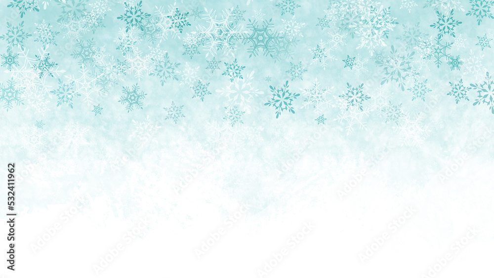上から降る雪の結晶の背景(エメラルド)