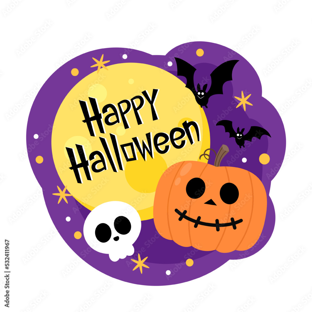 Happy halloween greeting card with cute pumpkin. Holidays cartoon character. Halloween pumpkin head vector.