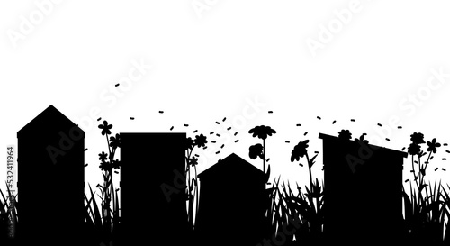 Apiary. Bee hives in meadow. Rural farm landscape. Isolated on white background. Horizontal seamless illustration. Silhouette picture. Vector