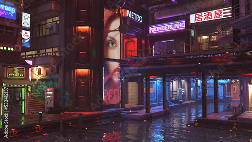 3D rendered cyberpunk street of night city