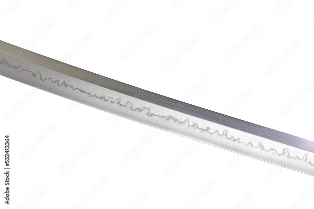 Japanese sword blade on white background. Soft focus. The wavy pattern on the blade edge is a line of hardness that a blacksmith makes so that the blade doesn't break. Choji Hamon style. Japanese sword blade on white background. Soft focus. The wavy pattern on the blade edge is a line of hardness that a blacksmith makes so that the blade doesn't break. Choji Hamon style.