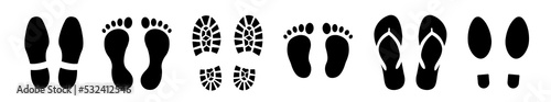 Different human footprints collection. Set human footprints . Baby footprint. Shoes for children and adults.Flat linear design. Black silhouettes isolated.Vector illustration