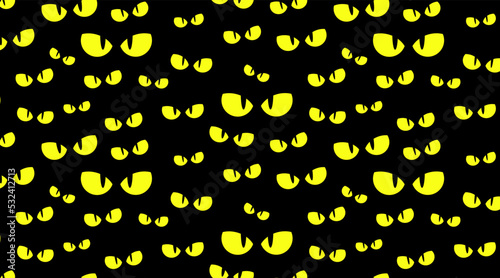 Seamless background pattern with scary angry eyes glowing in the dark. Halloween background Vector pattern. 