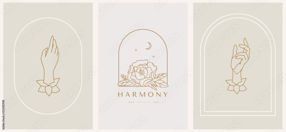 Abstract summer logo template with hands and roses. Modern minimal set of linear icons and emblems for social media, accommodation rental and travel services.