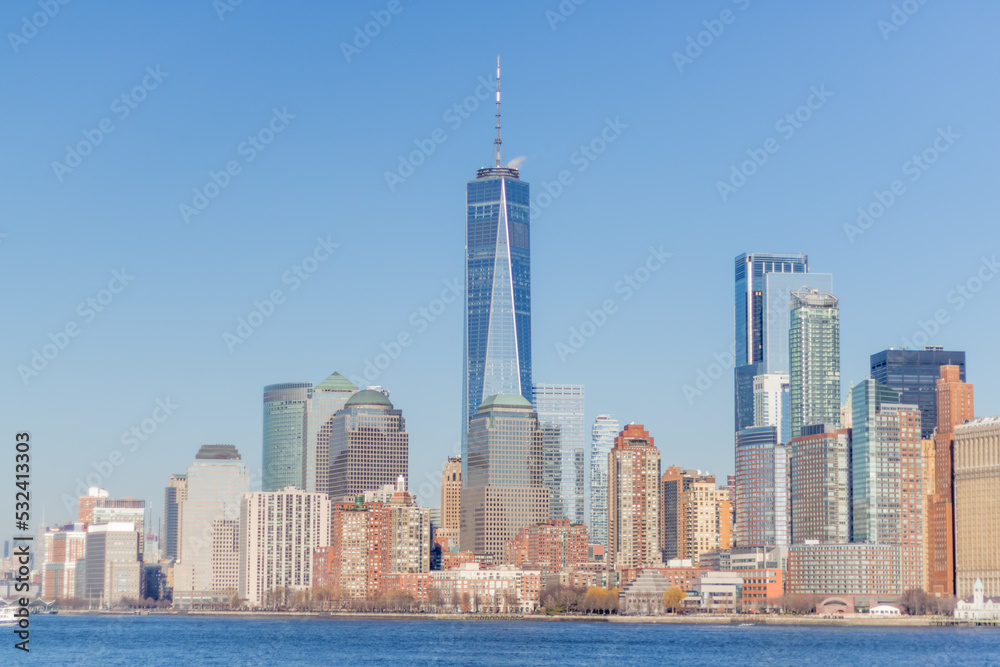 New York City Skyline From on the Water Hudson River in Lower Manhattan 