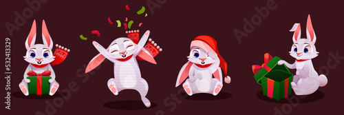 Cartoon set of cute Christmas bunnies isolated on brown background. Vector illistration of white rabbits with open and closed gift boxes, throwing confetti, wearing Santa Claus hat. Holiday postcard