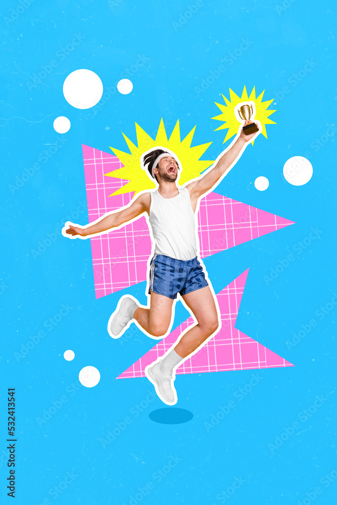 Vertical collage image of excited successful guy jump hold winner award cup isolated on painted background Vertical collage image of excited successful guy jump hold winner award cup isolated on painted background