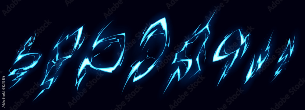 Cartoon lightning bolt effect isolated on black background. Neon blue ...