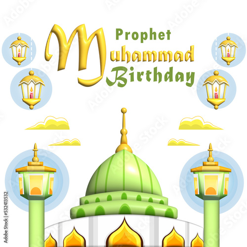 Prophet Muhammad Birthday, glowing green mosque. Suitable for events