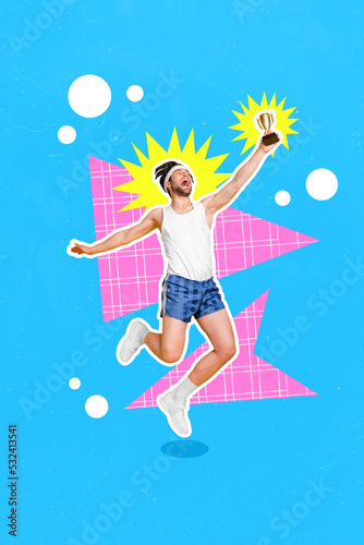Vertical collage image of excited successful guy jump hold winner award cup isolated on painted background © deagreez