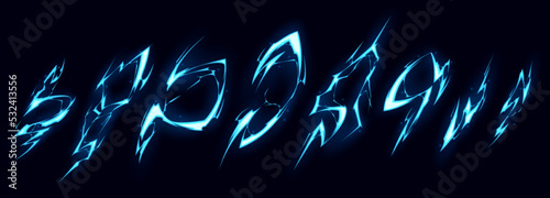 Cartoon lightning bolt effect isolated on black background. Neon blue and white glowing traces from magic power strike. Natural electricity discharge vfx. Game design elements. Vector illustration set