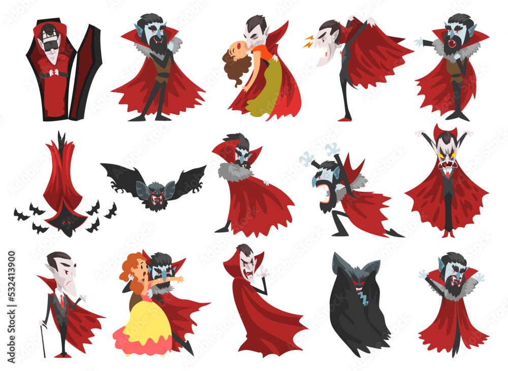 Count Dracula as Scary Vampire Character Wearing Red Cape Big Vector Set Count Dracula as Scary Vampire Character Wearing Red Cape Big Vector Set