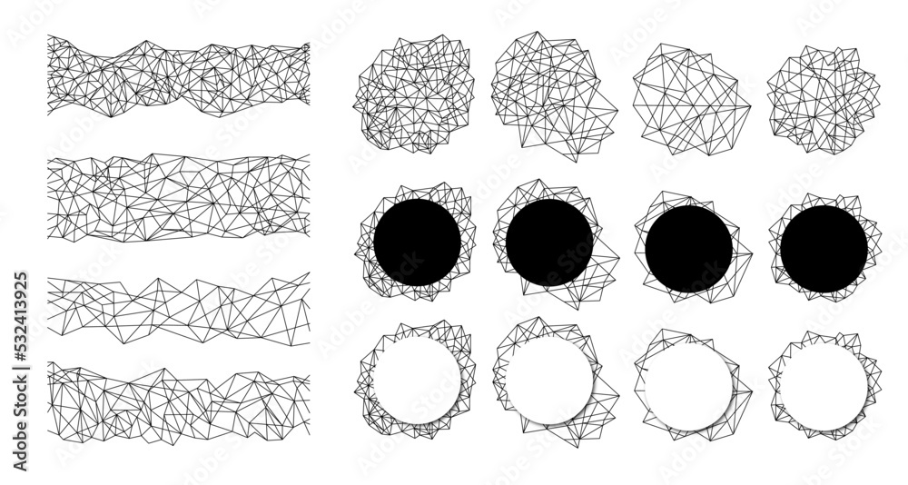 Set de formas abstractas con líneas de render. Formas de red tecnológica o mallas de líneas vectorizadas. Recurso gráfico
