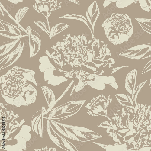Seamless floral pattern with light Peony on a beige background.