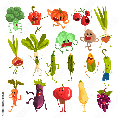 Vegetable Characters as Funny Fresh Organic Food with Faces Having Hands and Legs Vector Set