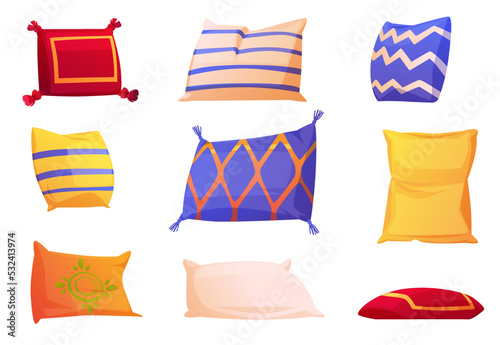 Cute soft pillows for bed and sofa. Square and rectangular cushions for sleep, rest and bedroom decoration. Comfy color decorative pillows isolated on white background, vector cartoon set