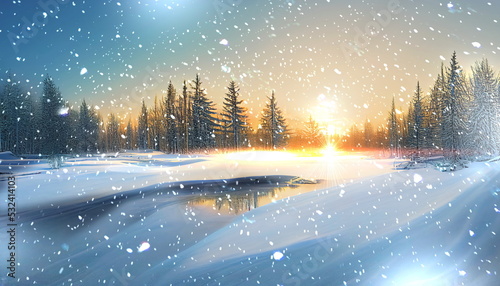 winter forest  pink sunset and frozen lake snow flakes fall,pink sunset on blue sky and on horizon forest natire winter landscape photo