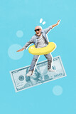 Collage photo of old aged pensioner man surf abstract money dollar painted summer vacation isolated on blue color background