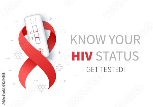 HIV status test. Red ribbon. Know your status. Design for cards, prints, social media, banner. World AIDS Day. Prevention new HIV infections. Support people living with HIV. Spread knowledge