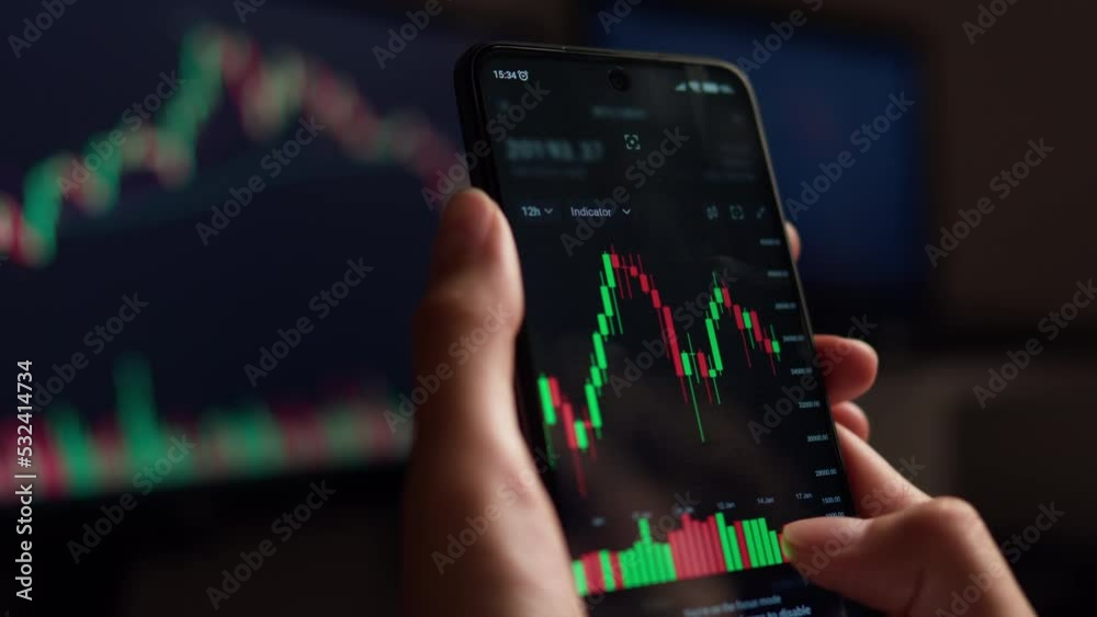 Chart chart dynamics camera movement in forex market, female fingers shift data refresh screen, online currency exchange business. Crypto Trader Analyst Watching the Fall of Bitcoin
