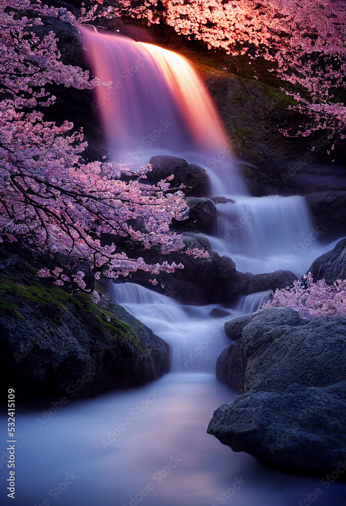 Waterfall With Blossom Cherry Like Sakura Flower In The Forest 2D 