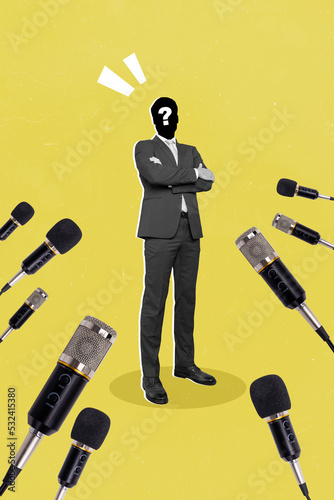 Photos Vertical collage picture of unknown secret person folded arms journalists microp