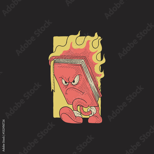 Cartoon illustration of burning book mascot with retro style