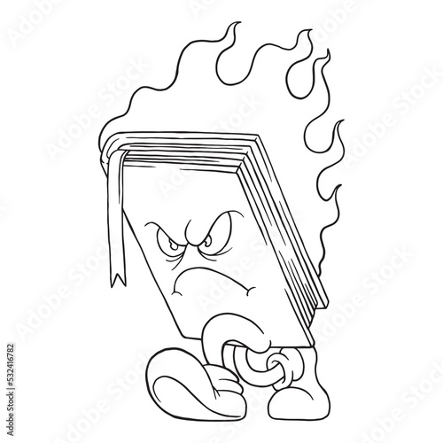 Coloring illustration of cartoon burning book mascot
