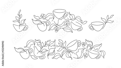 Tea leaves and cup Single line, herbal set, border