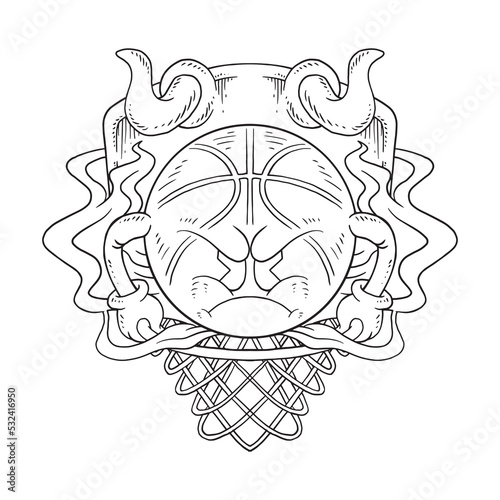 Coloring illustration of cartoon grumpy basketball mascot