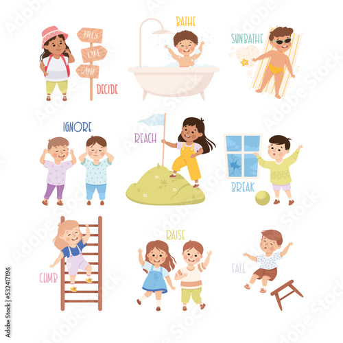 Verbs Study with Little Kids Doing Different Activity Demonstrating Vocabulary Vector Set