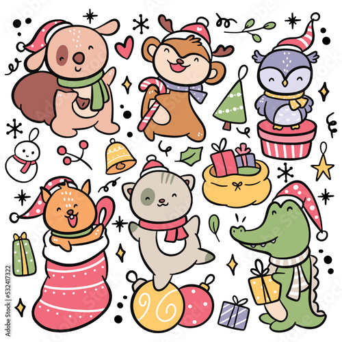 Fototapeta Naklejka Na Ścianę i Meble -  Set of hand drawn cartoon Christmas animal vector illustration